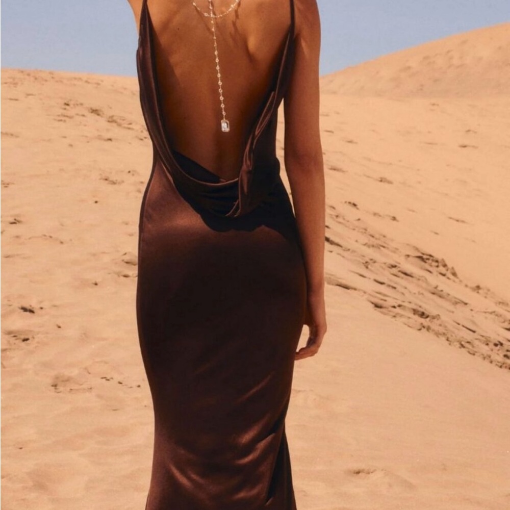 Rat & Boa Deia Dress Satin Cowl Back Slip in Chocolate Brown